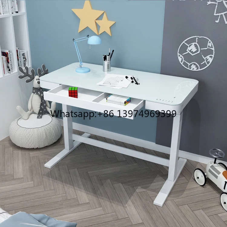 Ergonomic Office Home Fashion Morden Cool Electric Control Table Adjustable  Height Glass Standing Desk With 2 Lifting Columns