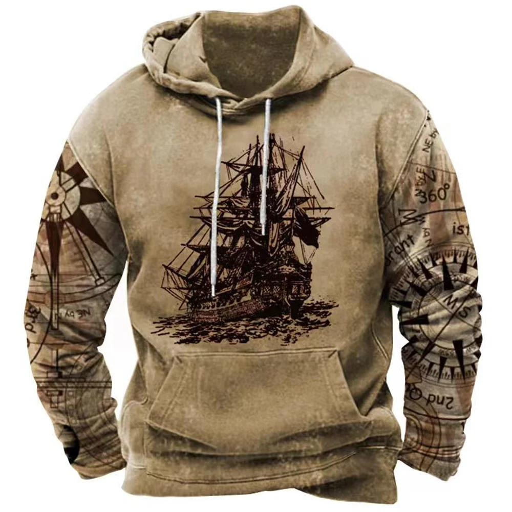 Retro Hoodie Men\'s Hooded Sweatshirt Nautical Print Pullover Winter Oversized Harajuku Clothes Casual Full Sleeve Streetwear Top