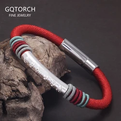 999 Pure Silver Six Words Mantra Tube Charm Rope Bracelet Hand Woven Black Red Braided Bracelet Women Men Retro Jewelry