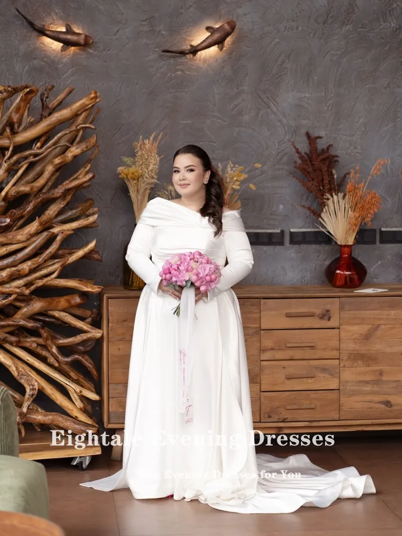 فستان زفاف عربي Eightale مغرفة مخصصة من الساتان العاجي بأكمام طويلة فستان زفاف إسلامي مقاس كبير فستان حفلات العروس