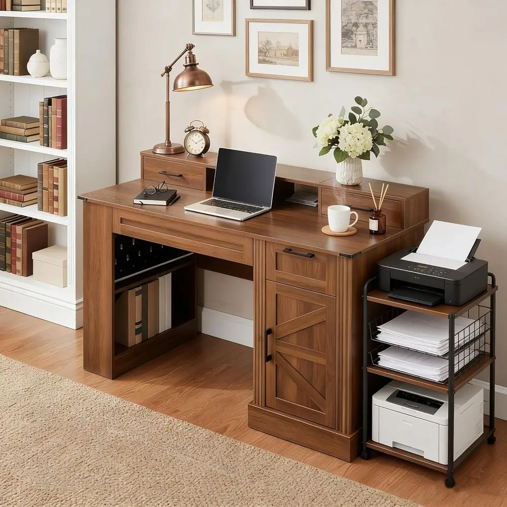 

Большой письменный стол для домашнего офиса из орехового дерева с ящиками, зарядной станцией и подставкой для монитора, эргономичный стол для работы и игр с местом для хранения
