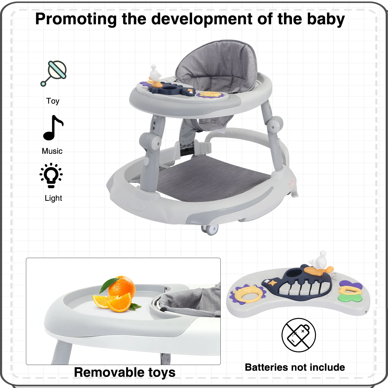 Ubravoo Opvouwbare Babywandelaar Met O-Vormige Benen En Multifunctionele Kantelpreventie, 6-18 Maanden, Verstelbare Hoogte, Muziekspeelgoed