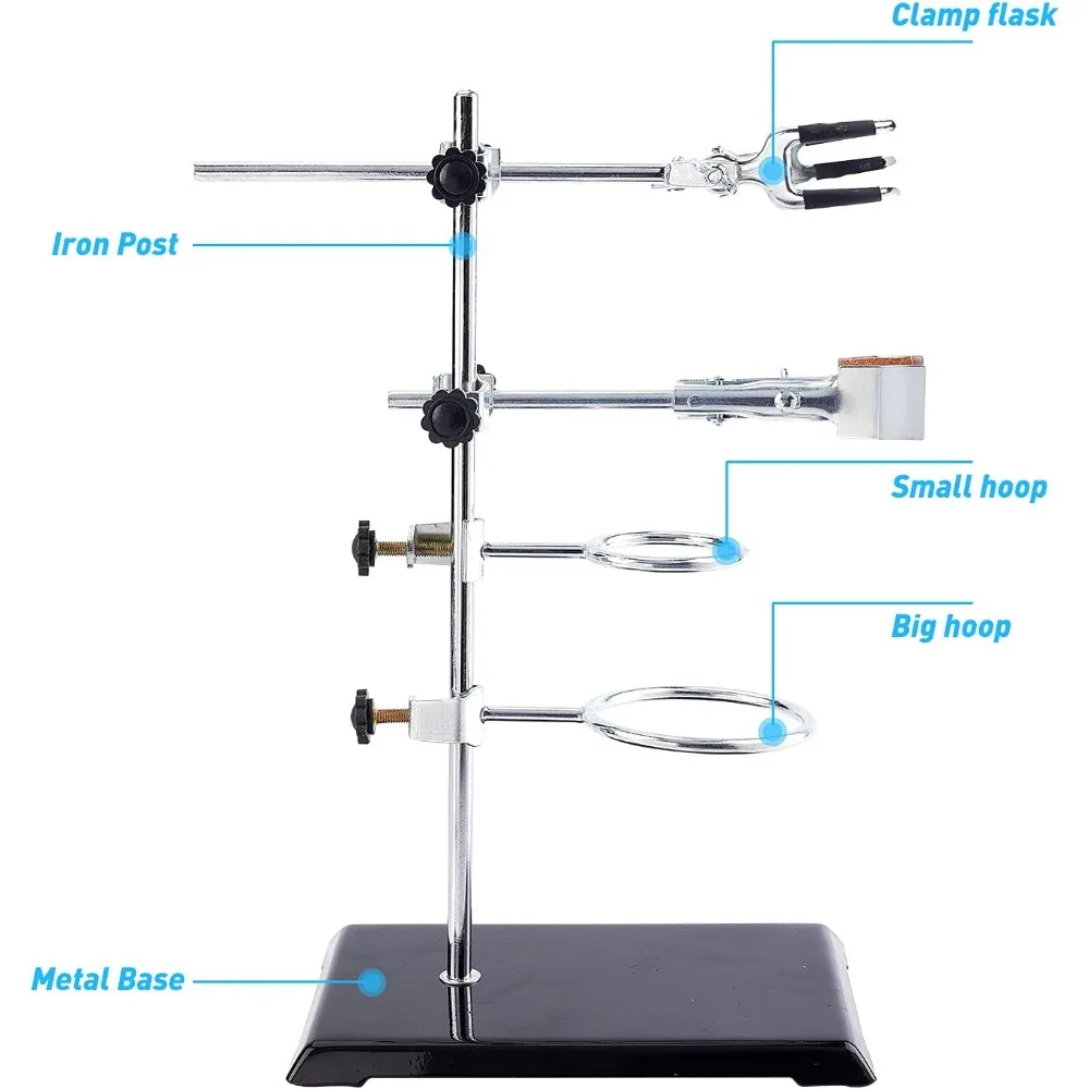 Set dengan dasar yang dilapisi (8.3 "x 5.4") batang (panjang 13.8 ") 2 cincin Retort satu penjepit Flask satu penjepit Retort rahang dan satu penjepit jari Lab