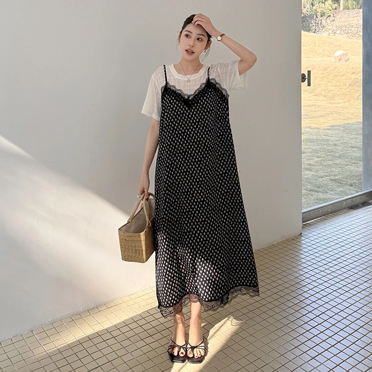 Été nouvelle grande taille dentelle ample ort Sve t-shirt Dr femmes faux deux pièces Dr Floral Patchwork a-ligne Midi Dr