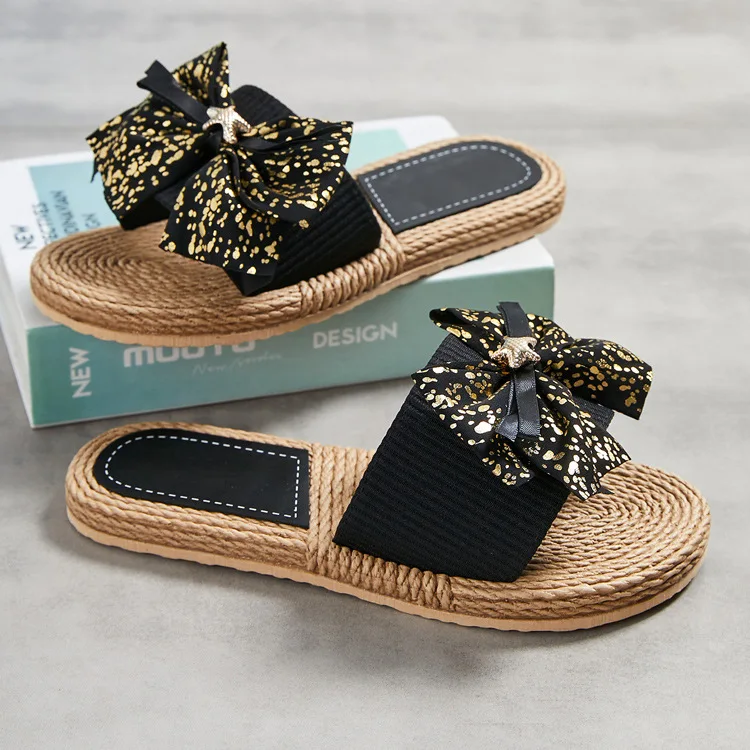 Ladies Leopard Shoes Women Summer Slippers Artificial Straw Flower Slides Female Bows Floral Slippers Outdoor Non Slip Slippers