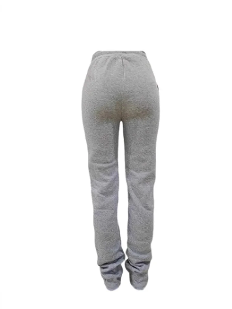 Grey Elastic Pants Women\'s Pockets Drawstring Casual Pants Fashion Street Outdoor Autumn Sports Pants