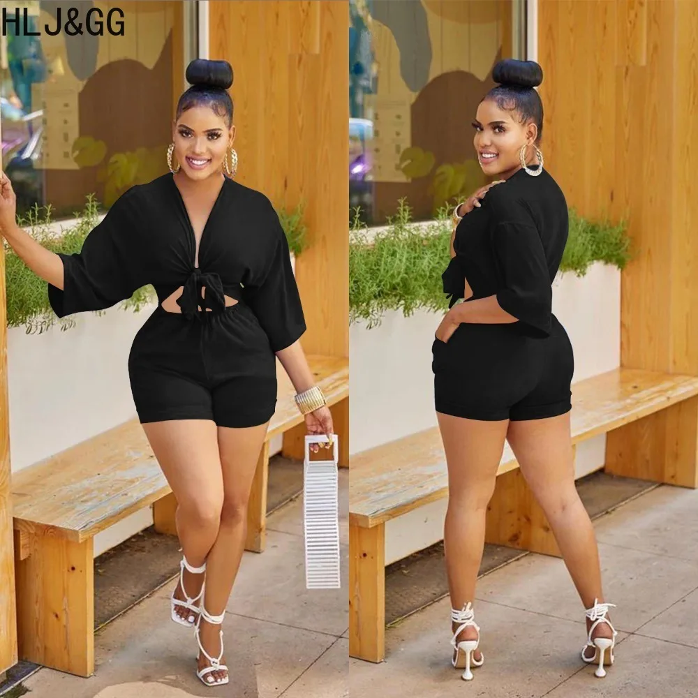 HLJ&GG Fashion Solid Color Hollow Out Bandage Rompers Women Deep V Long Sleeve Pocket Slim Jumpsuit Summer New Female Streetwear