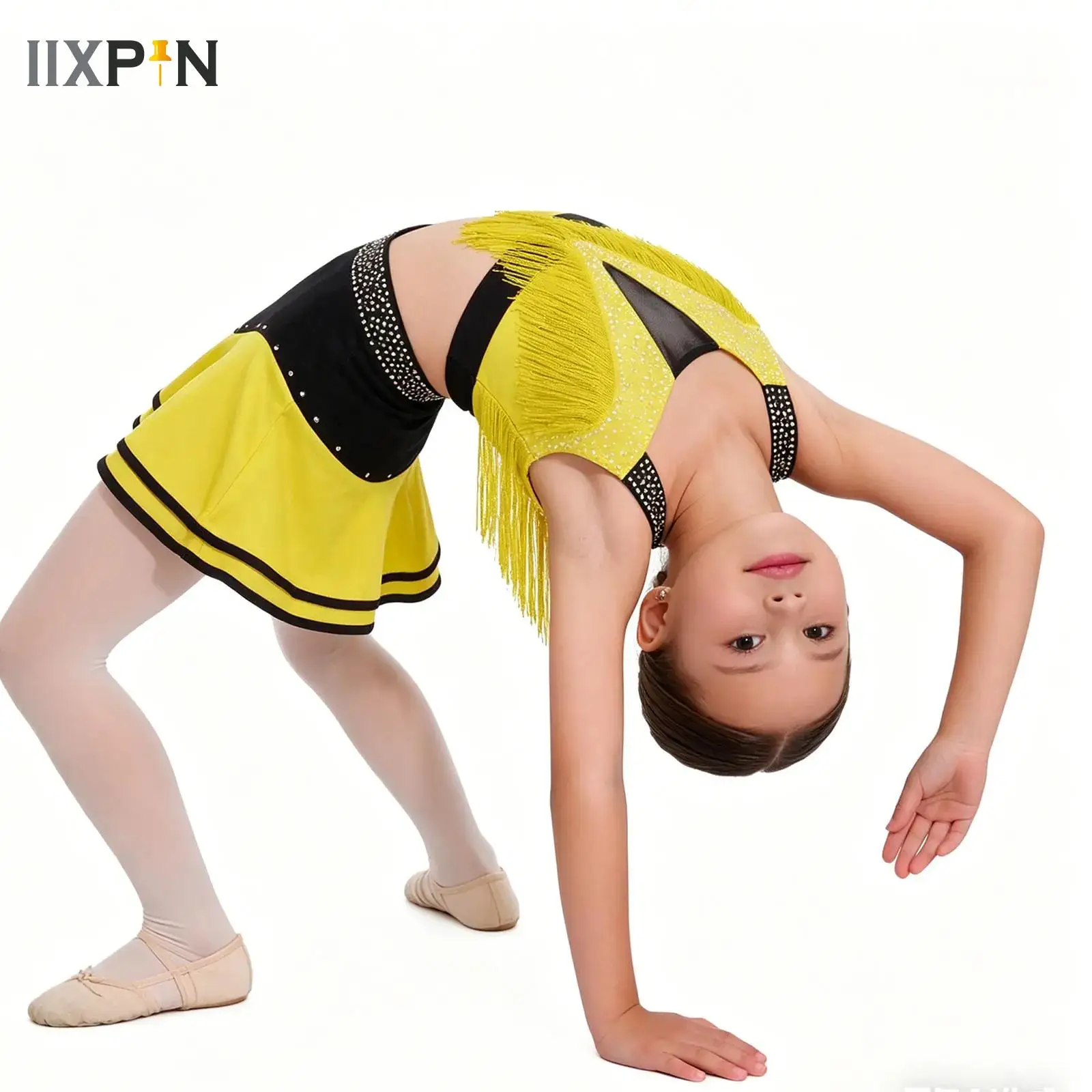 

Kids Girls Chacha Dance Outfit Color Block Tassels Crop Top And Rhinestones Skirt Dancewear Set for Jazz Latin Belly Competition