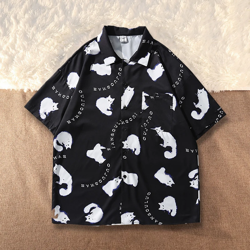 Cartoon Cat Graffiti Shirt Street Style Tops Women Summer Loose Casual Men Shirts Short Sleeve jacket Cool Blouse Shirt Unisex