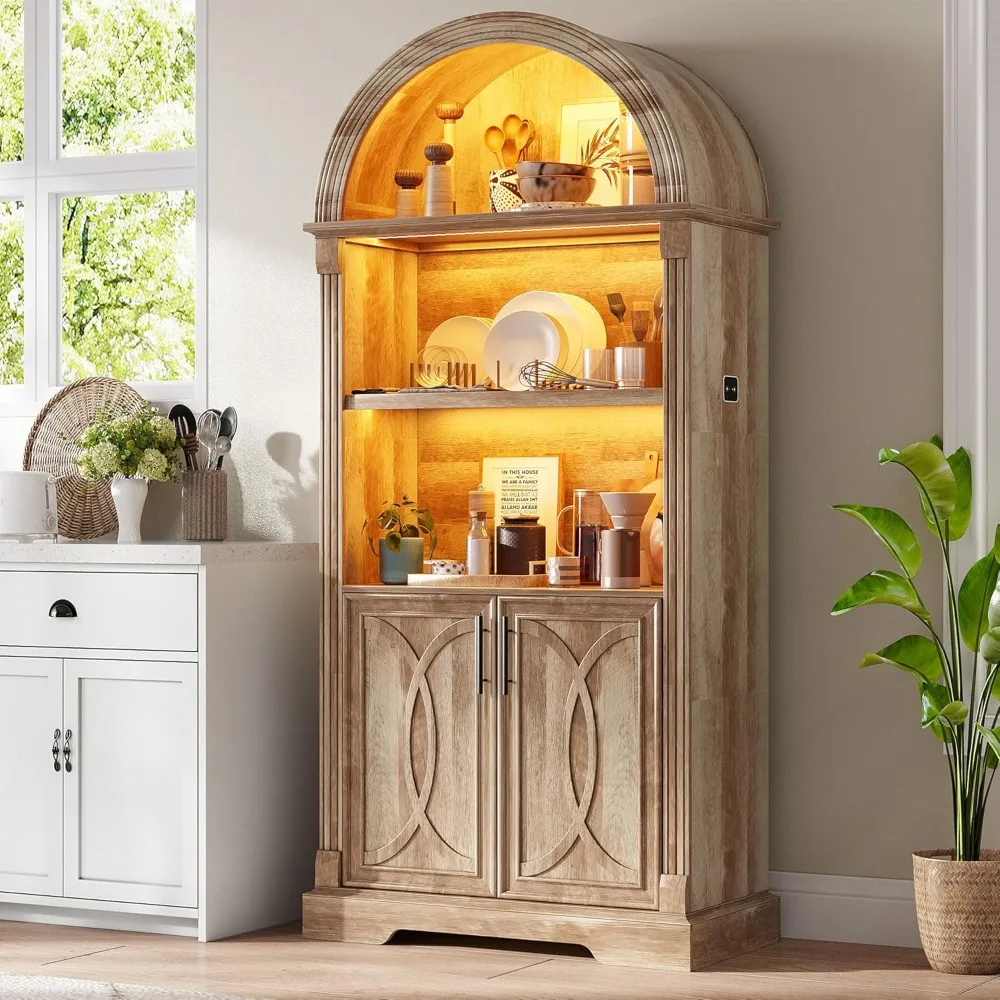 

71" Tall Arched Kitchen Pantry Cabinets, Wood Kitchen Storage Cabinets/Arched Bookshelf/Bookcase,China Cabinet with Open