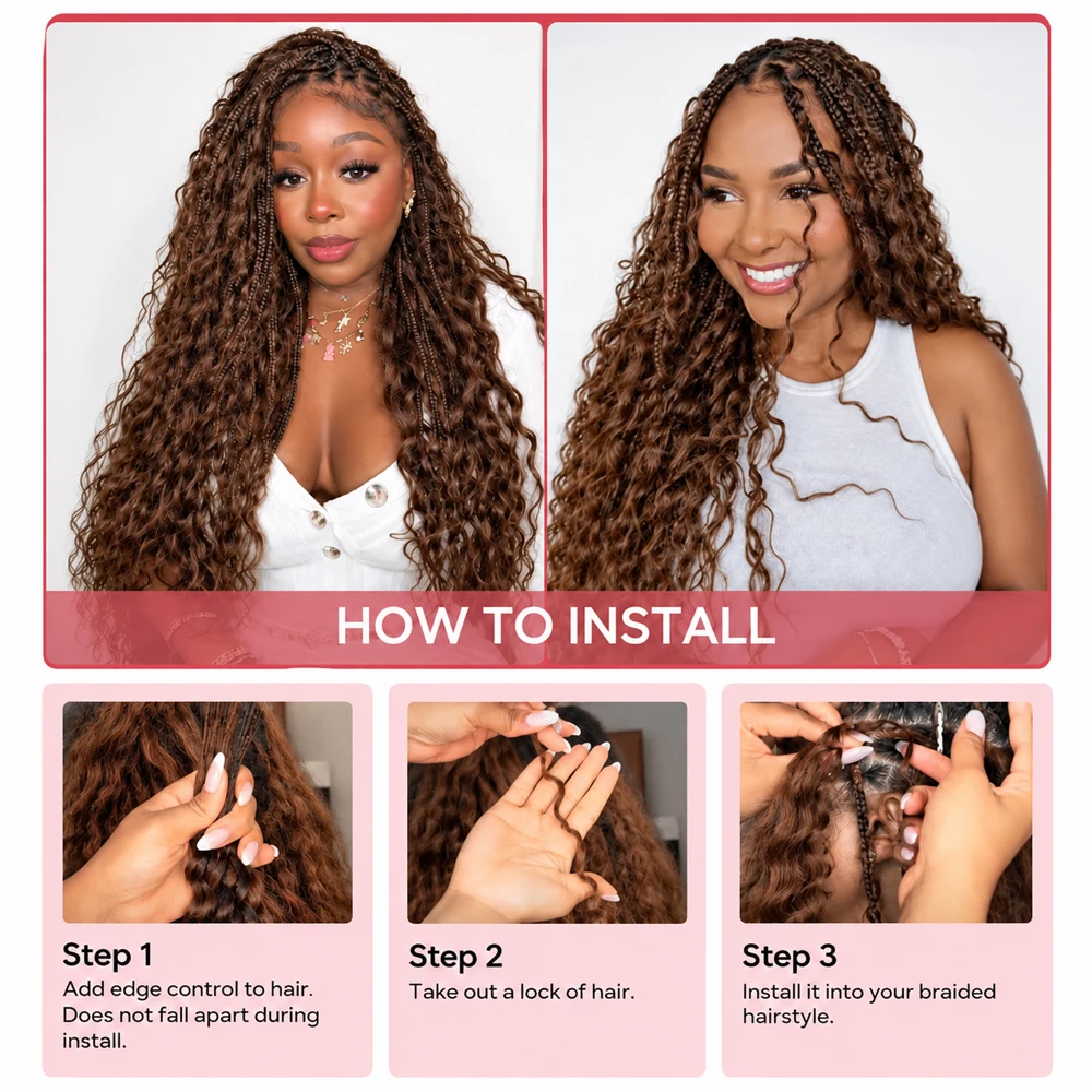 Miracle Knots #4 Brown Deep Wave Crochet Human Hair Pre Separated Feather Extensions Knotless Invisible Virgin Remy Soft Natural Wavy Texture Lightweight Boho Braiding Hair DIY Protective Style - view 7
