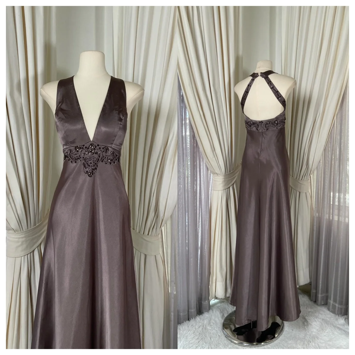 

Customized Luxury Russet Satin Evening Dress V-Neck Sleeveless Special Occasion Gowns Bespoke Occasion Gowns Appliques Sexy