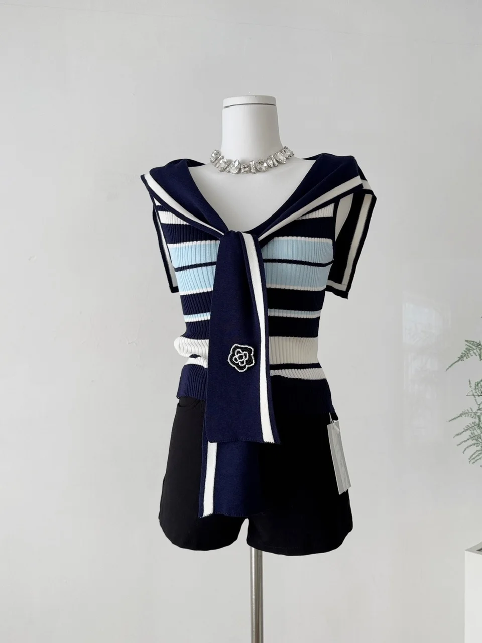 

Striped Knit Top Embroidered Naval Collar Svel Women's Faion Commute Sle mid Summer New Arrival Comfortable Soft