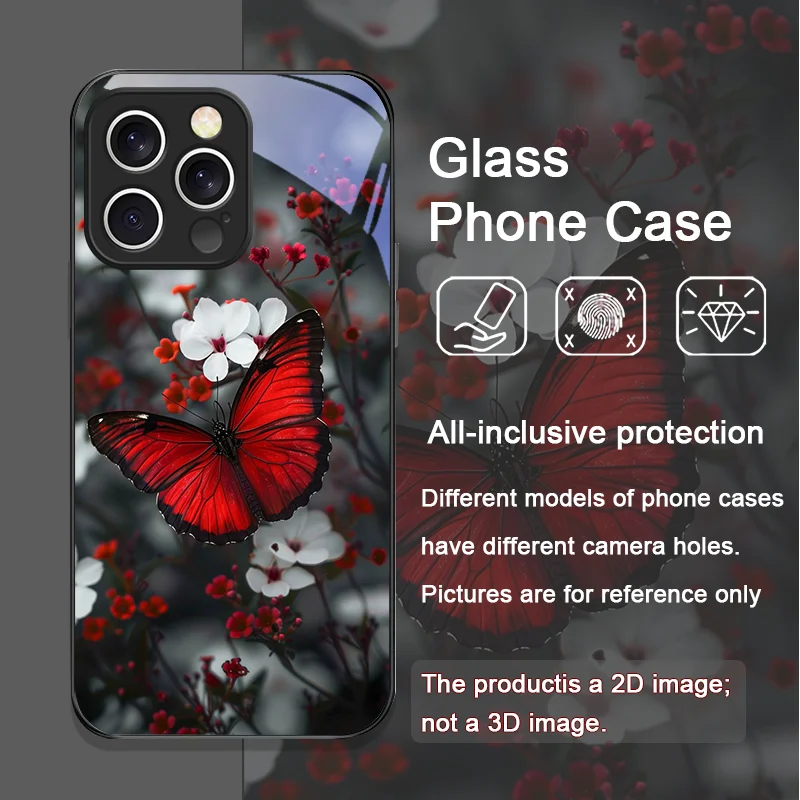 الفاخرة الأحمر فراشة زهرة نمط الزجاج المقسى جراب هاتف آيفون 16 برو ماكس 15 14 13 12 Mini 11 PRO XS XR 7 8 Plus غطاء