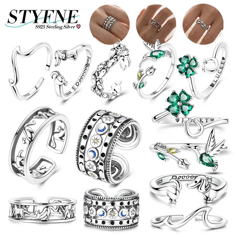 925 Silver Adjustable Open Ring Fish Cat Dachshund Wave Sun Moon Star Four Leaf Clover Rings for Women Party Fine Jewelry Gift