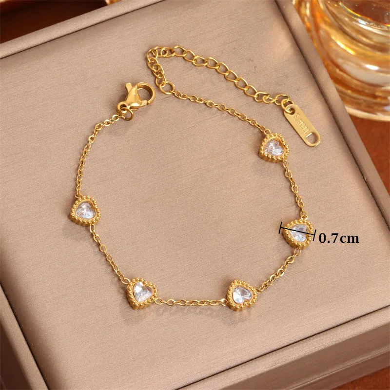 Kuziduocai 316L Stainless Steel 2025 New Fashion Jewelry Embed 3-Colors Zircon Seashell 5 Hearts Charm Chain Bracelets For Women