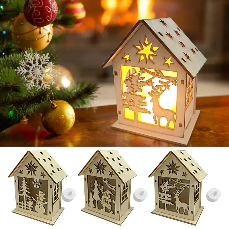 New Christmas Wooden House LED Glowing Reindeer Village House Built-in Light Hollow Carved Santa Claus And Snowmen Decor Home