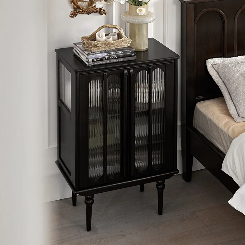 HYS French American Solid Wood Side Cabinet Dining Side Cabinet Black Retro Premium Living Room Storage High