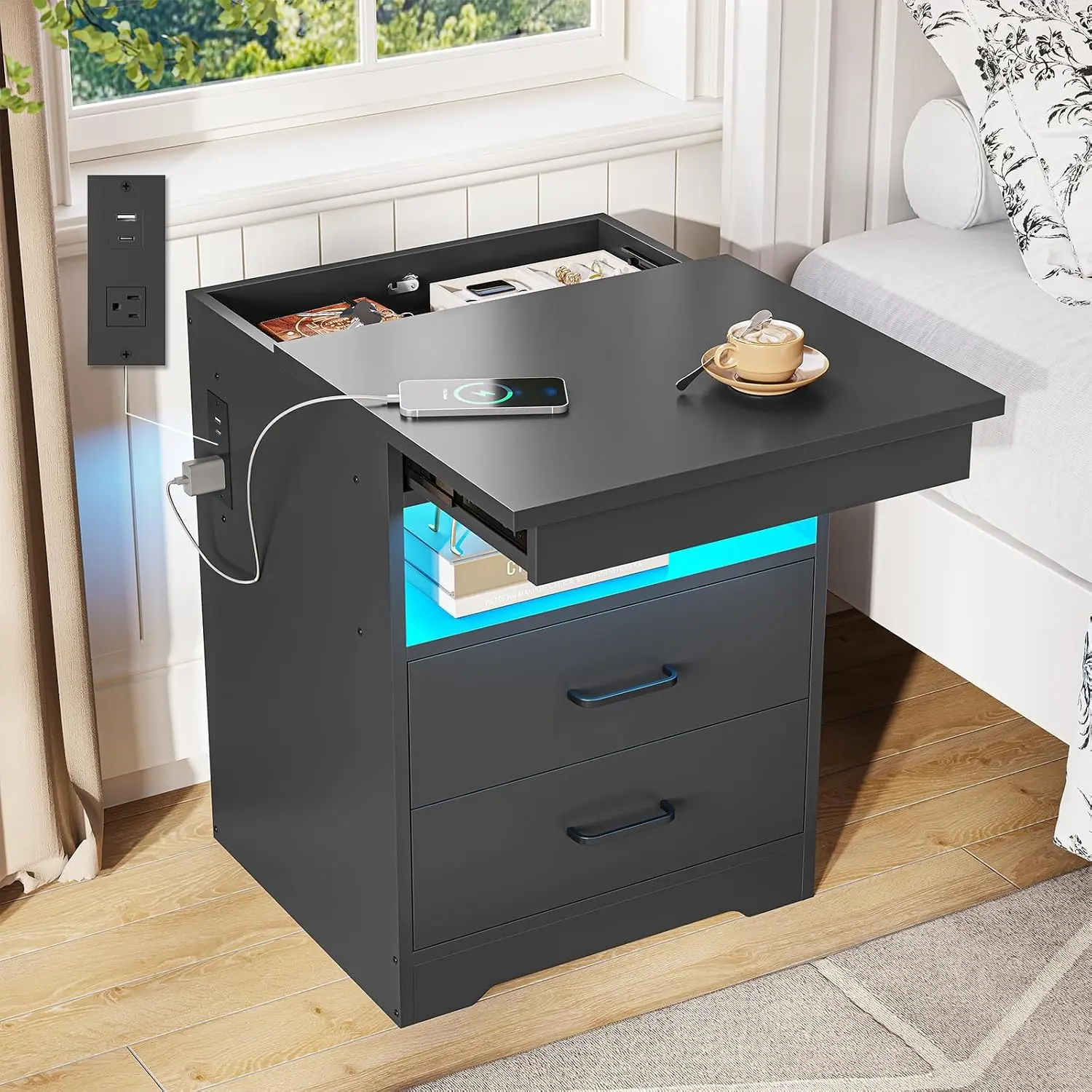Lockable Bedside Table with Gun Storage Drawer & LED Charging Station, Customized