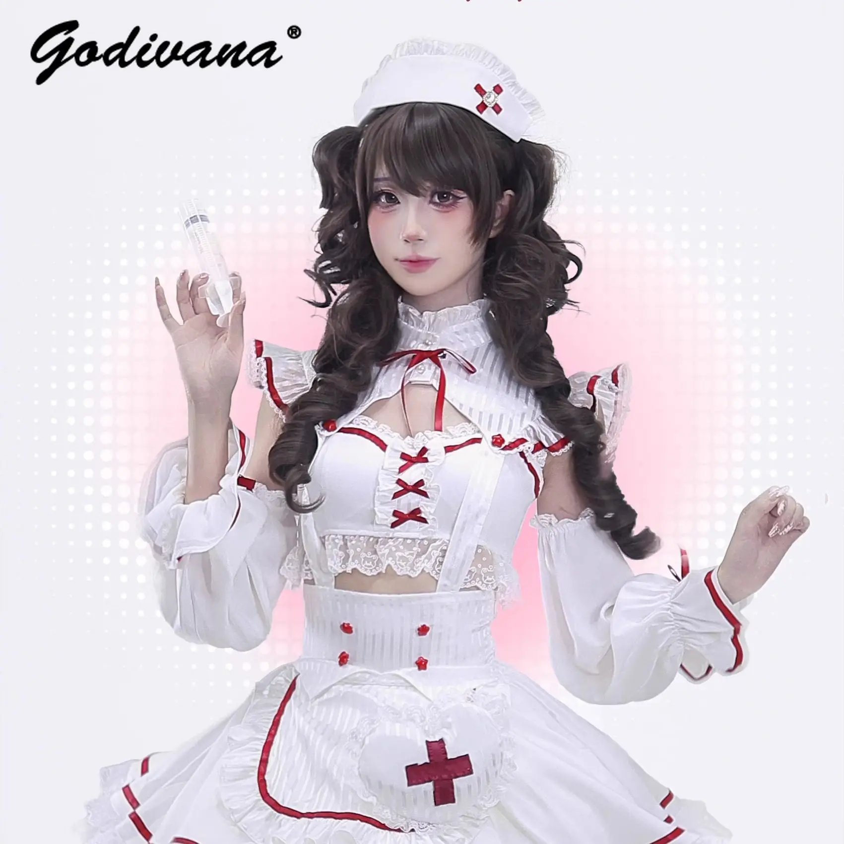 Original süßes Cosplay-Dienstmädchen-Kostüm im japanischen Stil für Mädchen und Frauen, Stehkragen, langärmliges Oberteil, Rock mit hoher Taille, Halloween-Outfits