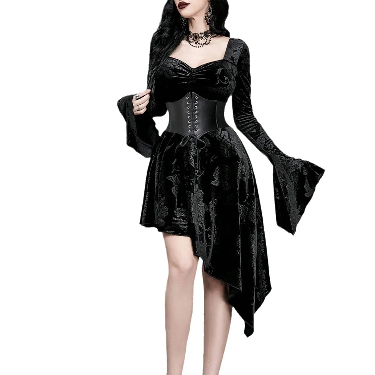 Gothic Velvet Heart-Shaped Bustier Dress – Square Neck Bell Sleeve Gown with Asymmetrical Flared Skirt for Halloween