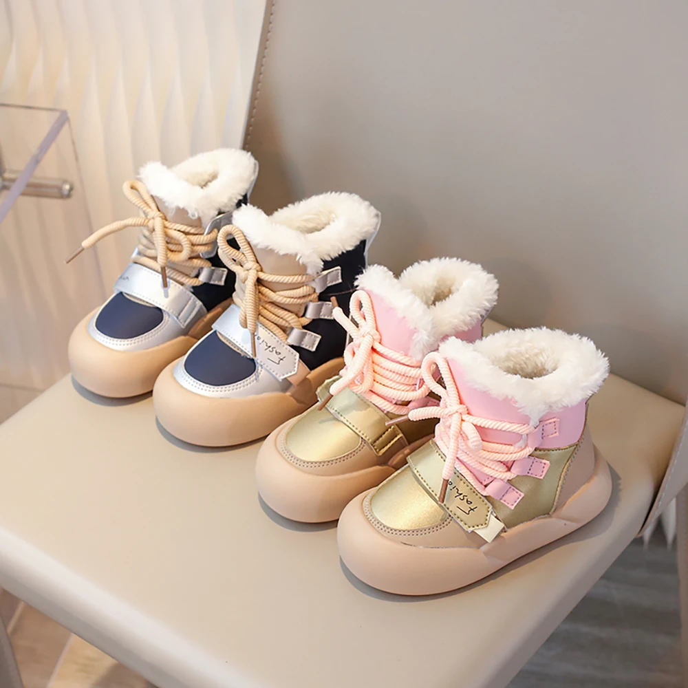 Botas de invierno de cuero PU para niños, botas de nieve de felpa para niños, zapatos de algodón impermeables, zapatos de cuero PU a la moda para niños