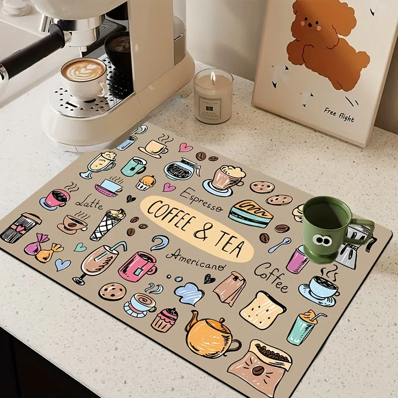 Coffee Tea Doodle Kitchen Counter Pad Fast Drying Mat Dustproof Non Slip Placemat Pad Absorbing Countertop Protection Cushion