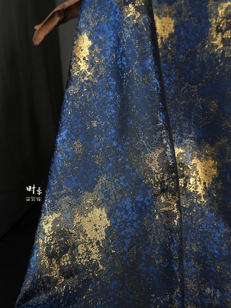 Blue Gilt Double-sided Jacquard Polyester Fabric Designer DIY Fashion Handmade Design Hanfu Dress Wholesale Fabrics By The Meter