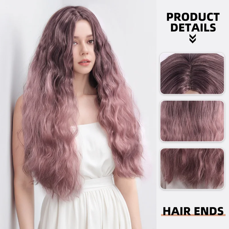 Fashionable European and American style women's pink wig with highlights, dark roots, heat-resistant, pre-plucked synthetic lace