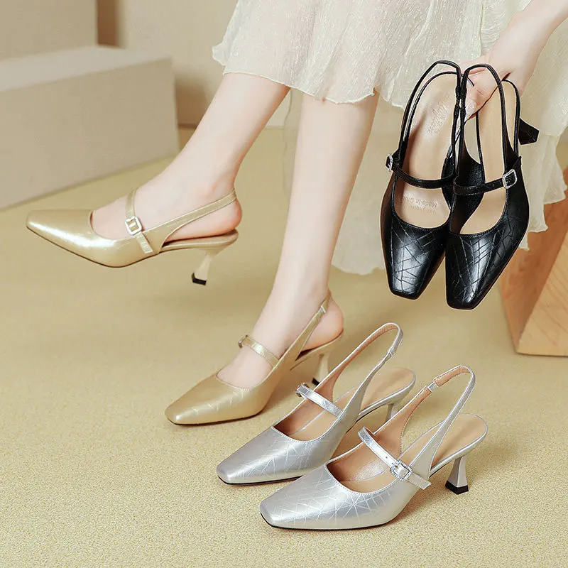 

Thin Heel Leather Shoes for Women Office OL Vintage Shallow Pumps Mary Jane Shoes French Strap Summer Single Shoes High Quality