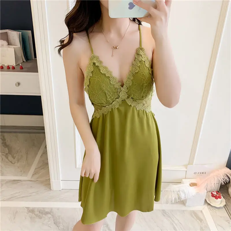 Deep V Sexy Homedress Homewear Night Dress Nightwear Solid Blackless Black Brown Green Red White Lovely Nightgowns Soft Cute