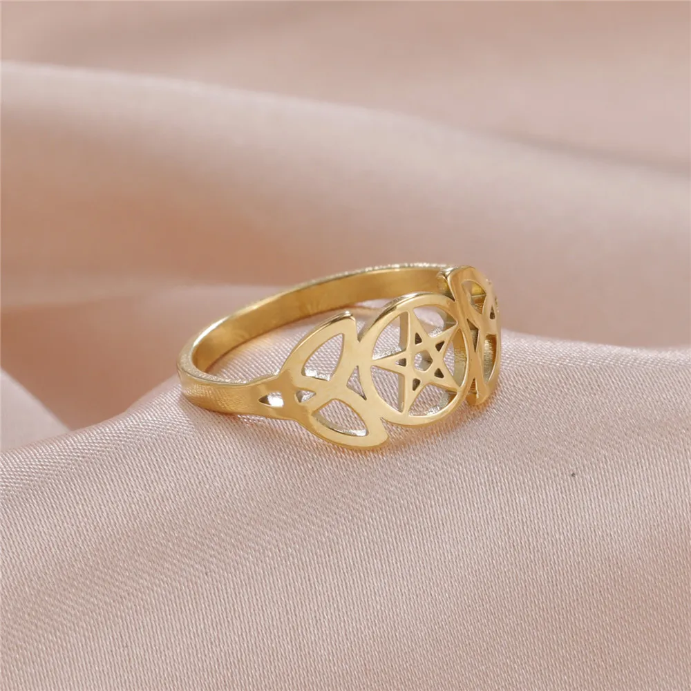 Skyrim Pentagram Love Irish Knot Rings Stainless Steel Supernatural Triquetra Wicca Amulet Religious Finger Ring for Women Gift