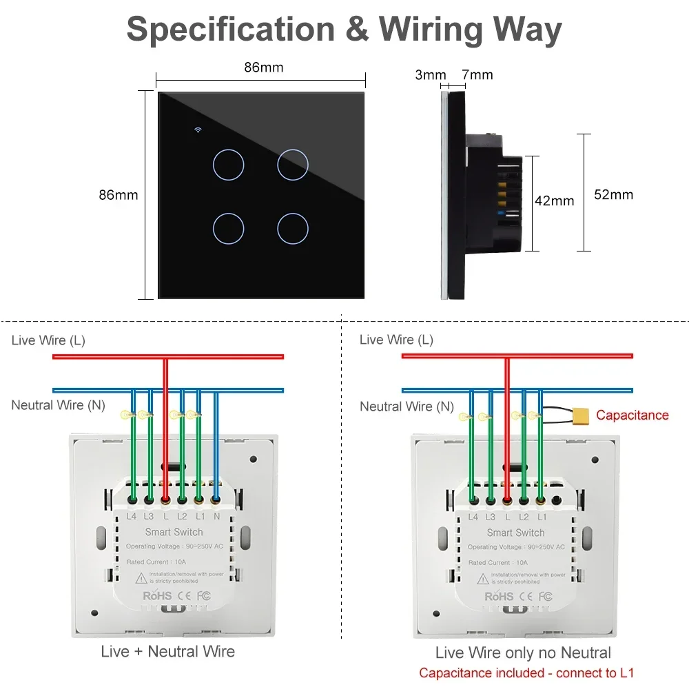 Tuya WiFi Smart On Off Light Switch 220V Power Button Wall Touch Alexa Google Home Voice With Without No Neutral Wire EU Two Way