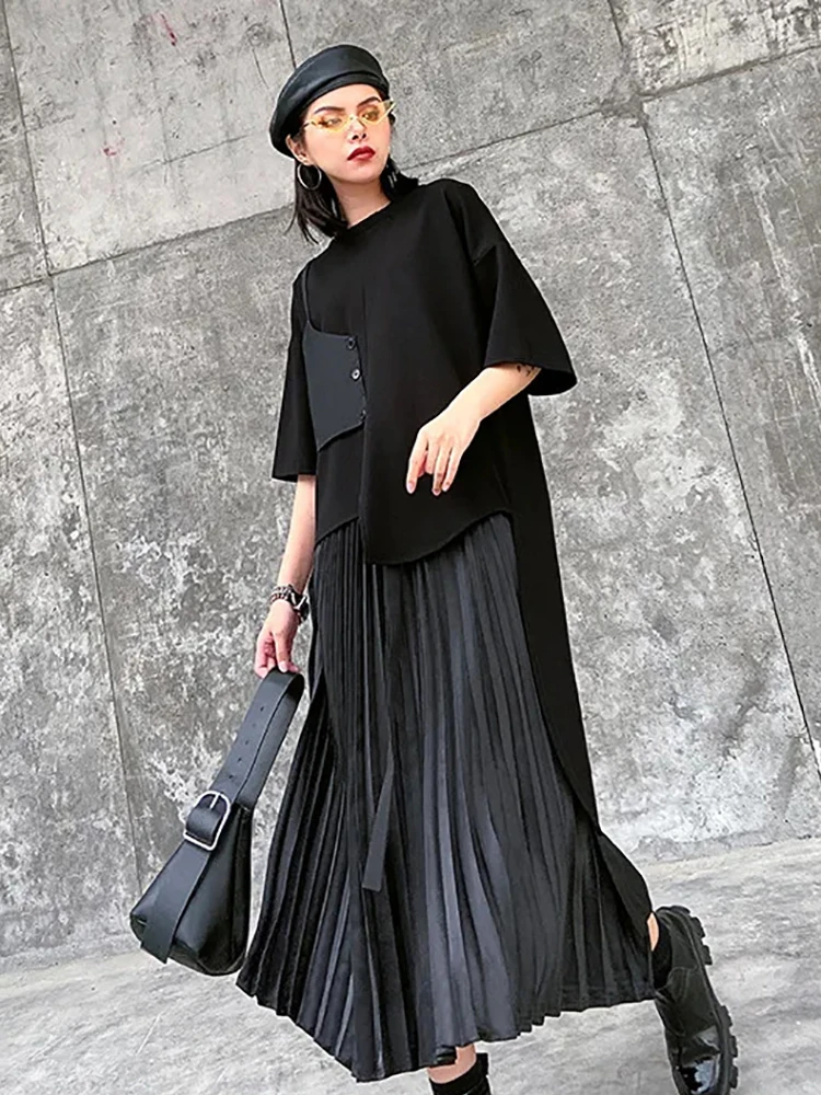 XITAO Black Two Piece Set Women Hlaf Sleeve Pullovet Top Elastic Wasit Pleated Mid Calf Skirt 2023 Irregular Style WLD9510