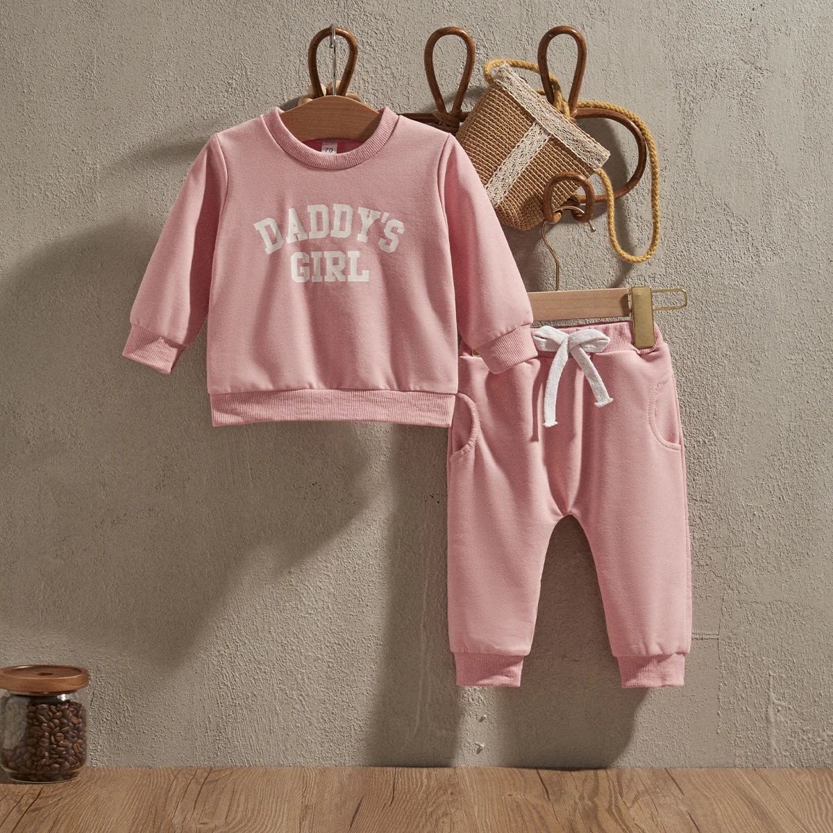 EWODOS Baby Girls 2-piece Outfit Letters Print Long Sleeve Crew Neck Sweatshirt with Elastic Waist Sweatpants Children Clothes