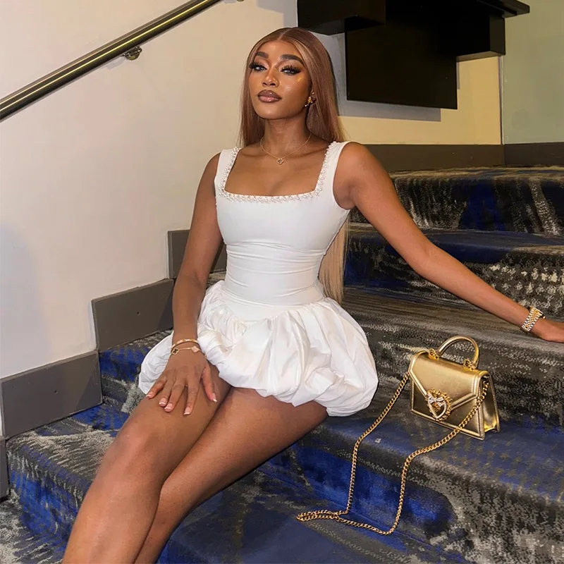 

New Women Mini White Dresses A Line Dress Sling Sleeveless Square Collar High Waist Slim Fit Sexy Elegant Party Bodycon Vestidos