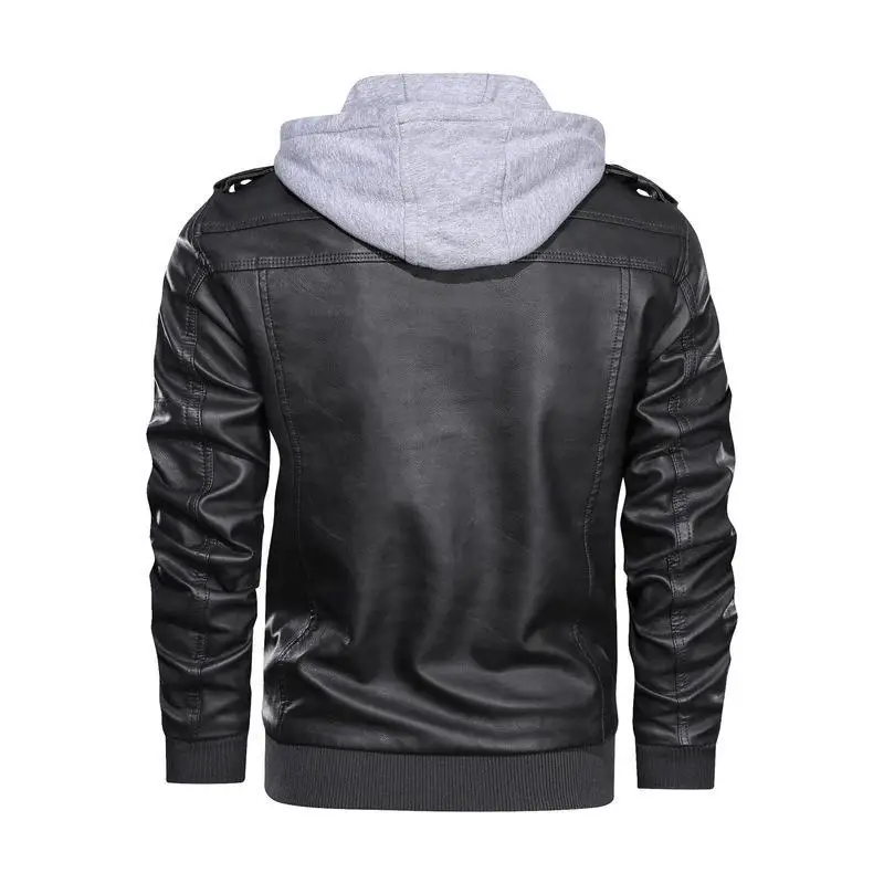 Spring Autumn Motorcycle Leather Jacket For Men Slim Fit Zipper Retro PU Coat Casual Fake Two Piece Hooded Leather Jacket