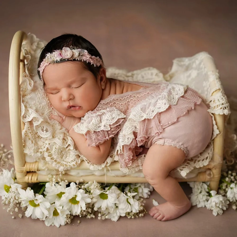 レースフリル新生児写真撮影用ロンパース-ダスティピンク-ベビーガール写真撮影用衣装-乳児用ボディスーツ-写真撮影用服-ピンクレースジャンプスーツ