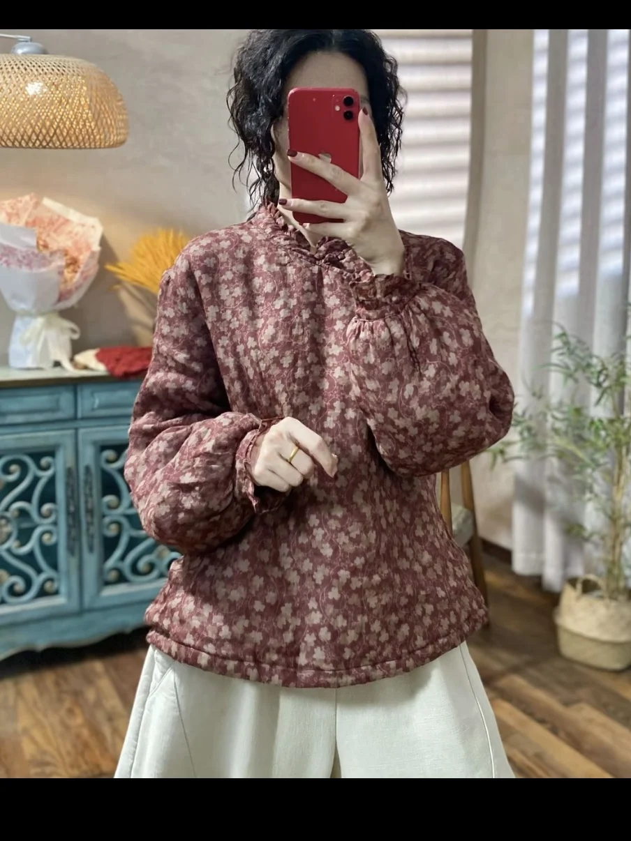 Retro-Kragen, lang, Sve, Knopfleiste, Blumendruck, lockeres Damen-It-Vintage-SLE, lässiges Baumwoll-Top für Herbst und Winter