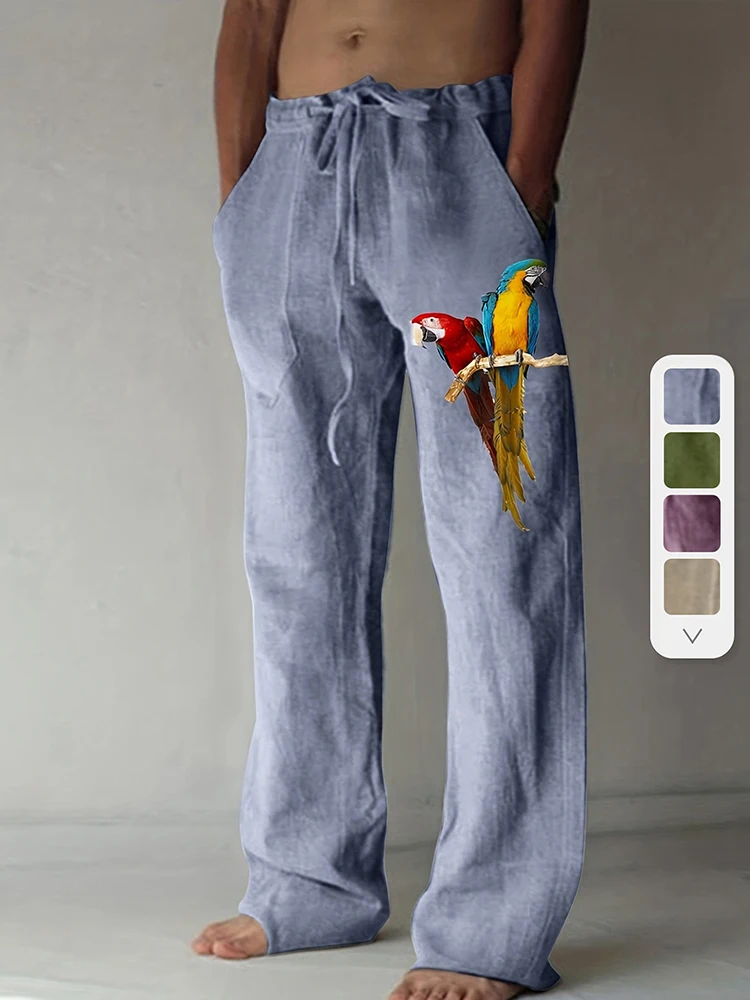 

Мужские брюки весна/лето 202, дышащие, легкие, свободные, повседневные, прямые брюки, широкие брюки с 3D принтом попугая