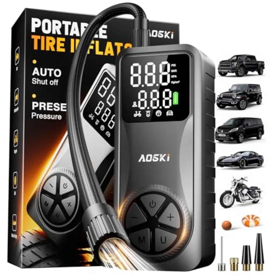 

Tire Inflator Portable Air Compressor: 150PSI Rechargeable Air Pump with Digital Pressure Gauge, LED Light and Auto Shut-Off -