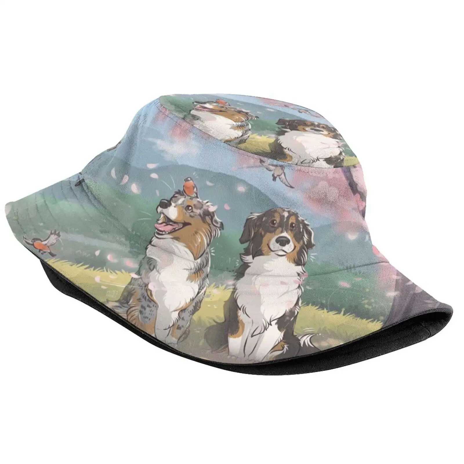 Flowery Spring Sun Cap Fisherman Hat Bucket Hats Dog Australian Shepherd Also Spring Cherry Tree Bird Bullfinch