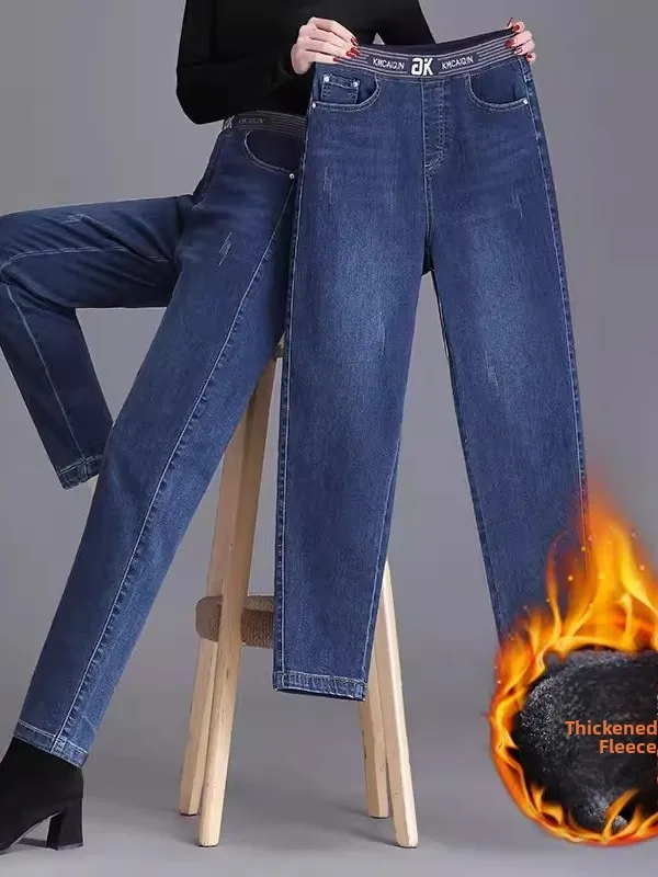 

Женские джинсы Thiened Fce с эластичной резинкой на талии, повседневные джинсовые брюки с высокой талией, осень-зима, Новое поступление, большие размеры, джинсы для мам