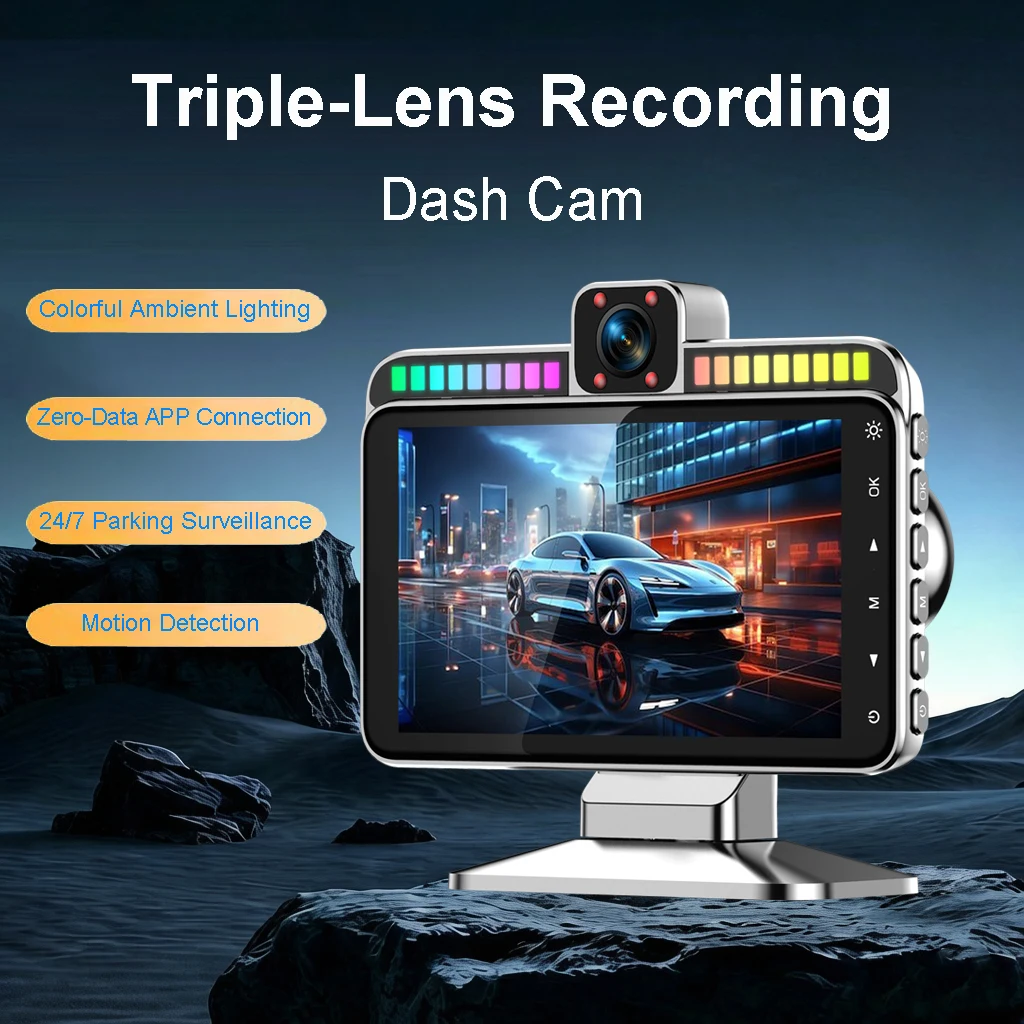 3CH 360 Full HD Dashcam RGB Ambient Light 24H Parking App Motion G Sensor Loop Recording Time Lapse Night Vision Stealth Record