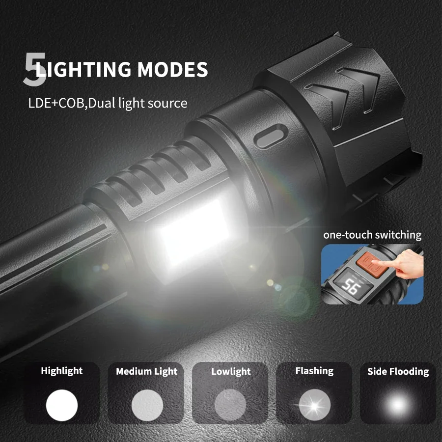 2 Pack High Strong Power Led Flashlights Tactical Torch with Display Light USB Charging Camping Fishing Emergency Zoom Lantern