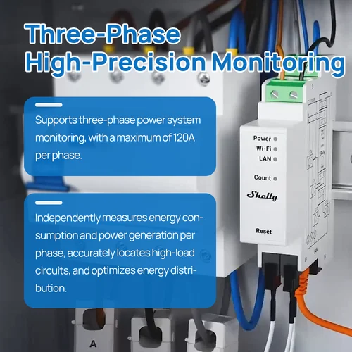 Imagen 2 del producto Medidor de Energía Trifásico WiFi Shelly Pro 3EM 120A, Montable en Riel DIN, con Monitoreo de Energía, MQTT, Comunicación Bidireccional por WebSocket