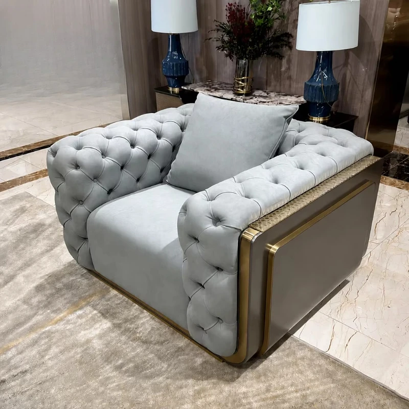 Modern luxury style button decoration fabric metal frame villa salon style single furniture armchair