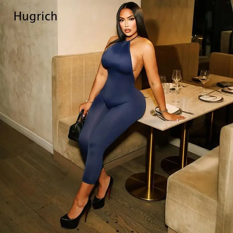Fashion Navy Halter Neck Backless Bodycon Jumpsuit Sleeveless Tight Fitting Capri Women Outfit.