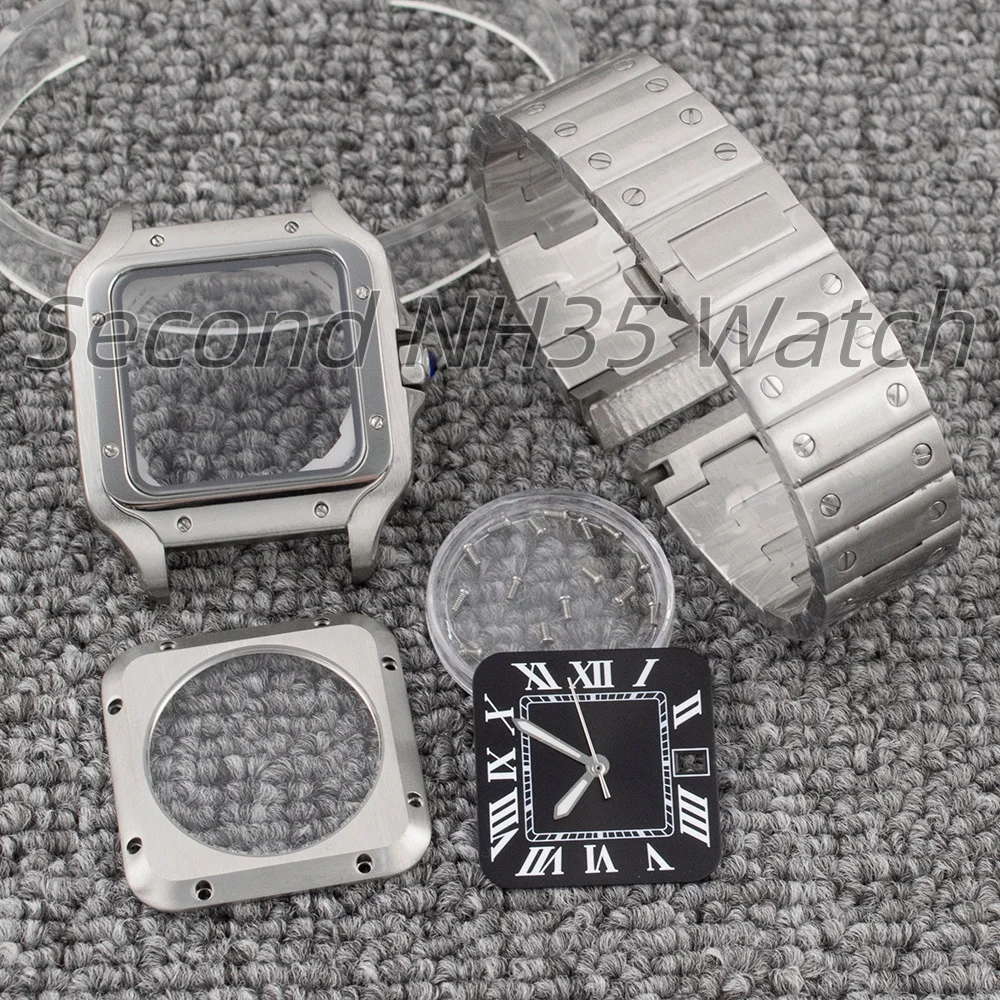 High Quality Square NH35 Case Dial Hands Sapphire Glass Stainless Steel Band For Santos NH35 NH36 Movement 38mm Men's Watch Case