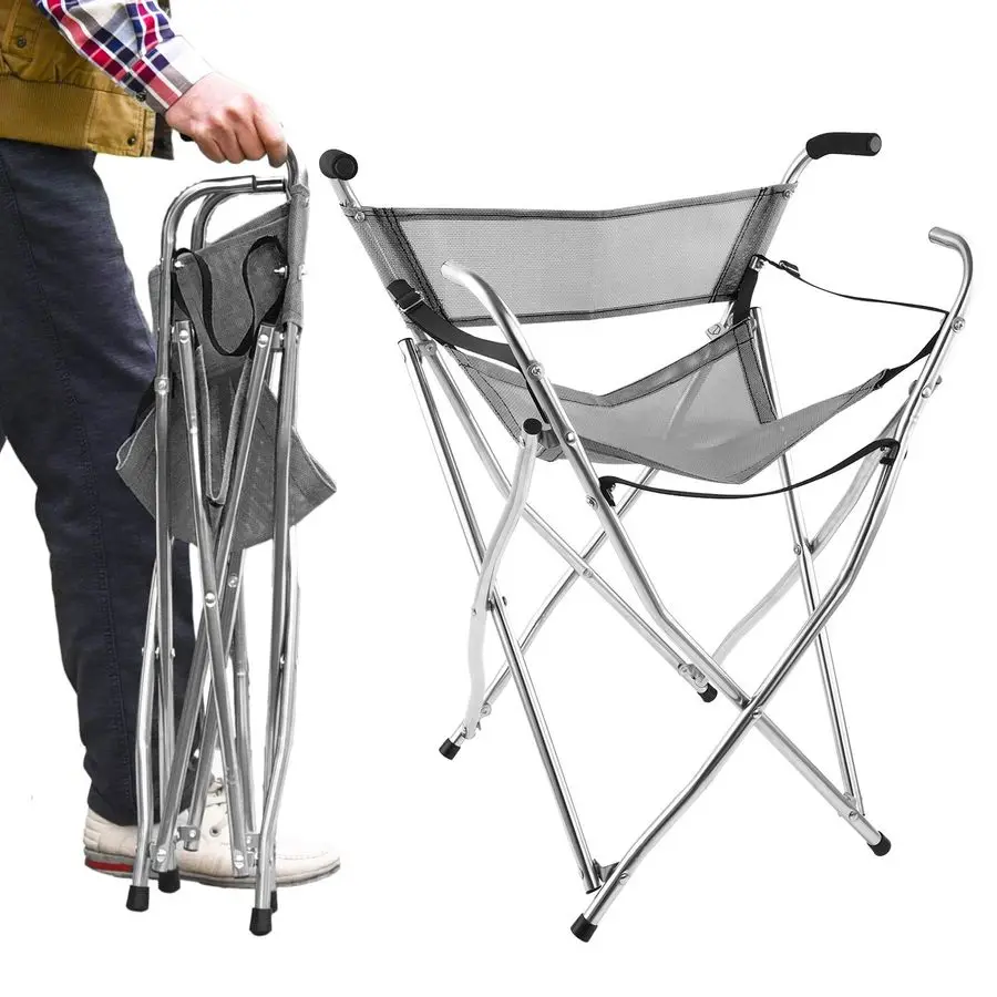 

Stick Chair Seat Folding Camping Cane Portable Stool Heavy Duty Aids for Seniors L Size Grey